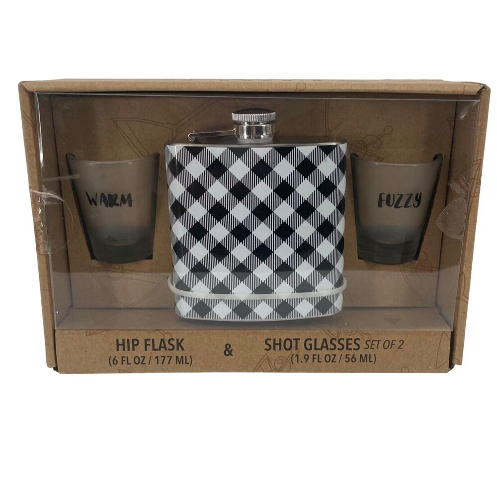 Buffalo Plaid Hip Flask Shot Glass Set Warm Fuzzy‎ Black White Gingham NEW Gift